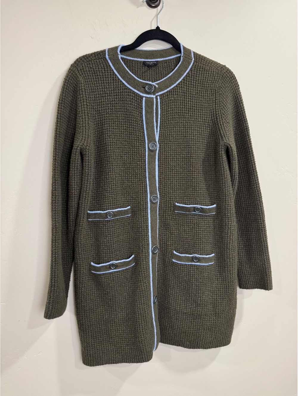 NWT TALBOTS Tipped Textured Cardigan Sweater-Tuscan olive MED FRENCH GIRL